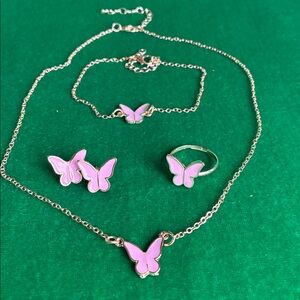 NEW Set of necklace earrings bracelet & ring butterflies in goldtone/pink enamel